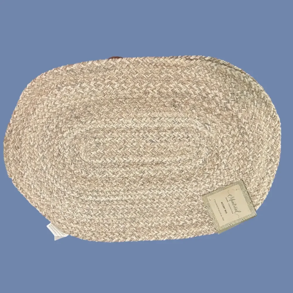 Beach Tan White Blue Braided Oval Jute Rug Natural Beige + Blue New Size 17 x 24